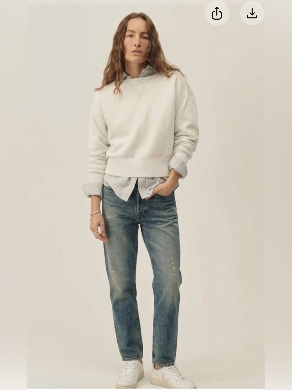 Buck Mason Brushed Fleece V Stitch Crewneck Sweatshirt Oatmeal Cream M